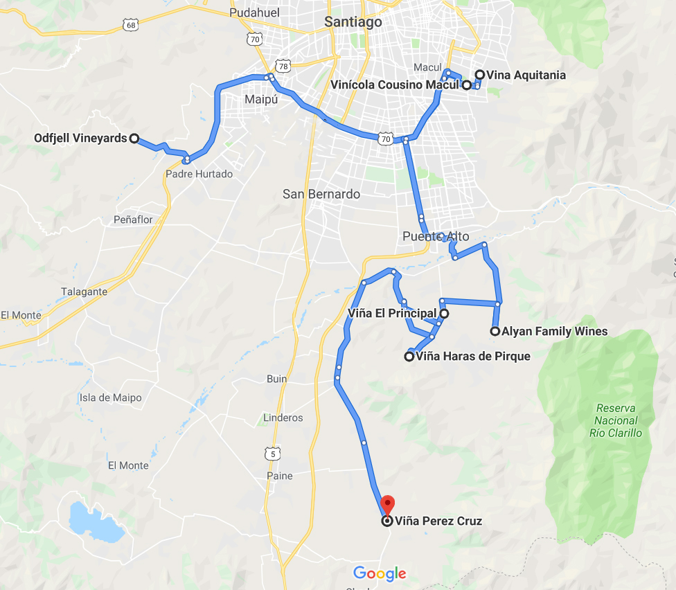 Mapa de vinícolas próximas a Santiago, no Chile
