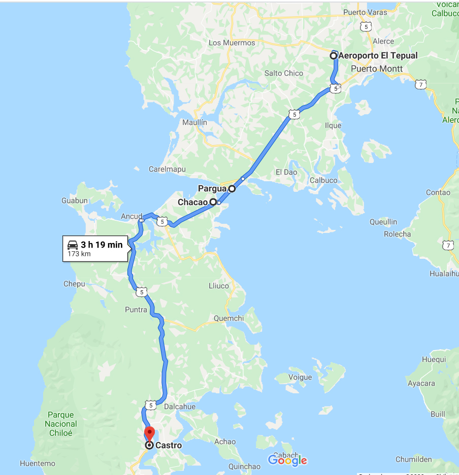 Trajeto de Puerto Montt até Casto, na Isla Grande de Chiloé